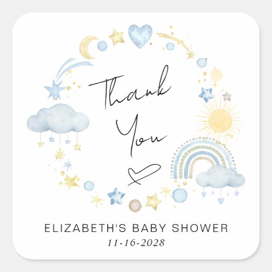 ボホーレインボーサン男の赤ちゃんシャワーサンサンサンサンキュー スクエアシール (正面)