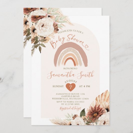 ボホーレインボーテラコタホワイトフローラベビーシャワー 招待状 (正面/裏面)