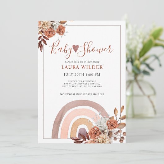 ボホーレインボーテラコッタ焼きオレンジ色の赤ちゃんシャワー 招待状 (スタンド正面)