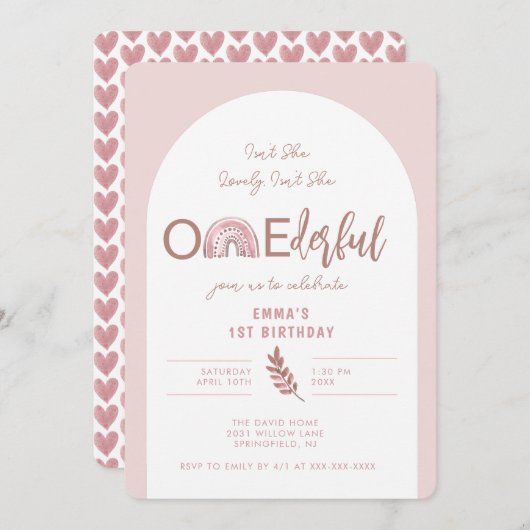 ボホーレインボーピンクアーチオンダーフル誕生日 招待状 (正面/裏面)