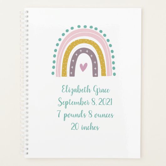 ボホーレインボーピンクティール(緑がかった色)金ゴールドハート誕生統計 プランナー手帳 (正面)