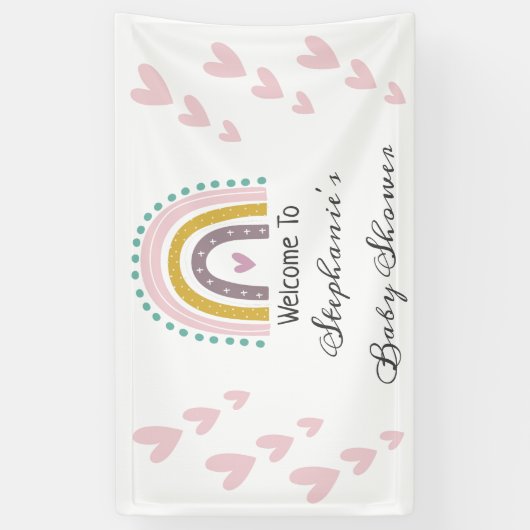 ボホーレインボーピンクハート紫ティール（緑がかった色）ベビーシャワー 横断幕 (縦)