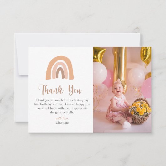 ボホーレインボーピンクパステルファースト誕生日 サンキューカード (正面)
