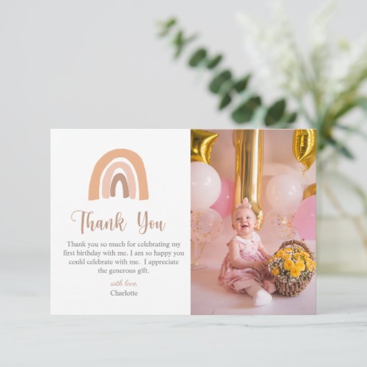 ボホーレインボーピンクパステルファースト誕生日 サンキューカード (スタンド正面)