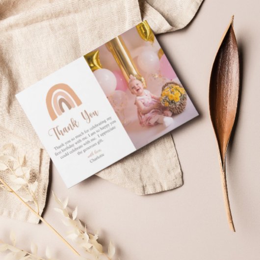 ボホーレインボーピンクパステルファースト誕生日 サンキューカード