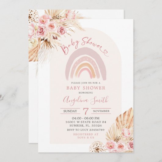 ボホーレインボーピンクフローラベビーシャワー招待状 招待状 (正面/裏面)