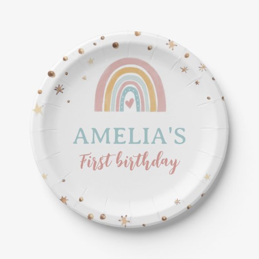 ボホーレインボーピンク誕生日紙プレート ペーパープレート (正面)