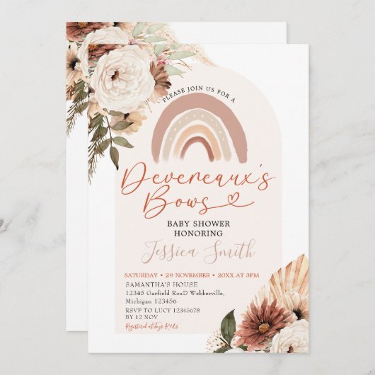 ボホーレインボーフローラデヴェレオーズ弓ベビーシャワー 招待状 (正面/裏面)