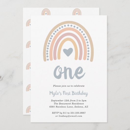 ボホーレインボーブルーハートかわいいボーイファースト誕生日 招待状 (正面/裏面)