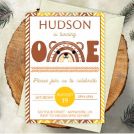 ボホーレインボーベアファースト誕生日招待状 セーブザデート