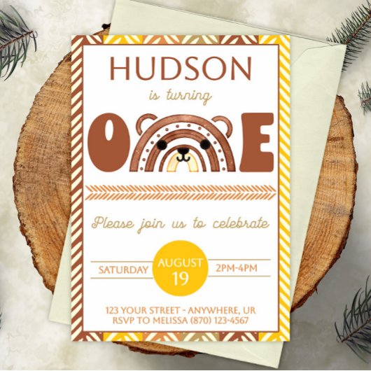 ボホーレインボーベアファースト誕生日招待状 セーブザデート