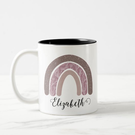 ボホーレインボー名前をカスタムするモダンフローラ ツートーンマグカップ (左)