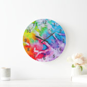 ボホーレインボー抽象芸術ウォーターカラーろうけつ染め絞り染めアート ラージ壁時計 (ホーム)