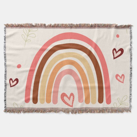 ボホーレインボー水玉模様とハートニュートラルカラー スローブランケット (正面)