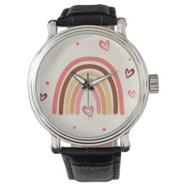 ボホーレインボー水玉模様とハートニュートラルカラー 腕時計