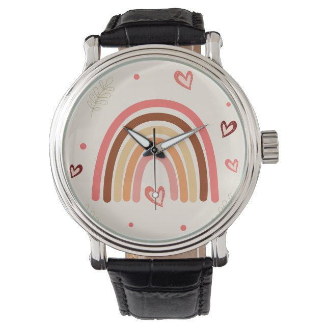 ボホーレインボー水玉模様とハートニュートラルカラー 腕時計 (正面)