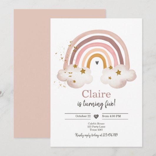 ボホーレインボー誕生日招待状ガール素朴 招待状 (正面/裏面)