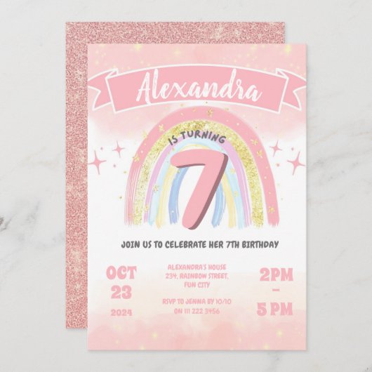 ボホーレインボー7thエイジ誕生日ガール第4位5位6位 招待状 (正面/裏面)