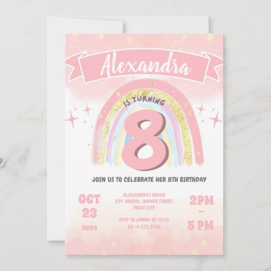 ボホーレインボー8thエイジ誕生日ガールグリッター 招待状 (正面)