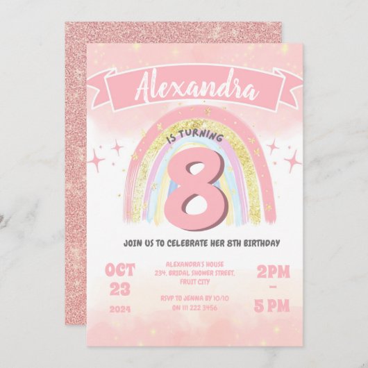 ボホーレインボー8thエイジ誕生日ガールグリッター 招待状 (正面/裏面)