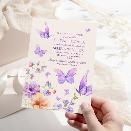 ボホー彼は私与えの蝶パープルブライダルシャワー 招待状