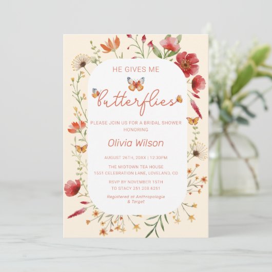 ボホー彼は私与えの蝶ブライダルシャワー 招待状 (スタンド正面)