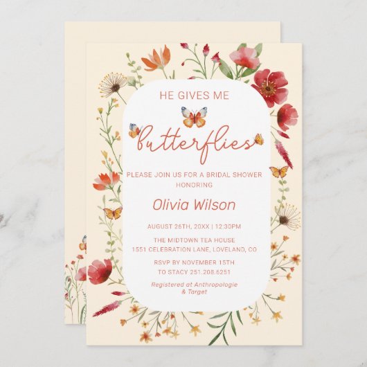 ボホー彼は私与えの蝶ブライダルシャワー 招待状 (正面/裏面)