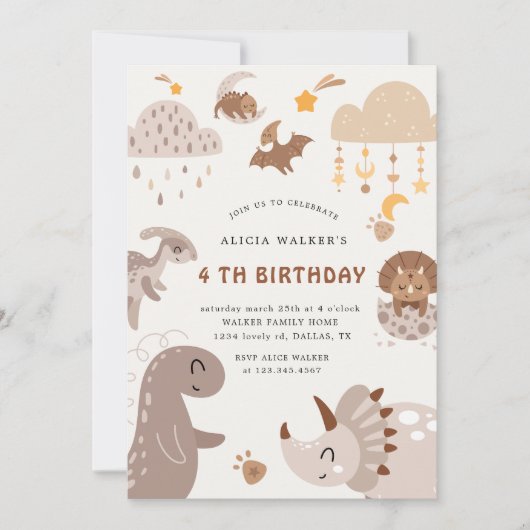 ボホー恐竜パーティー動物子供の誕生日 招待状 (正面)