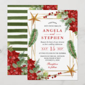 ボホー水彩赤いポインセチアの冬のウェディング 招待状 (正面/裏面)