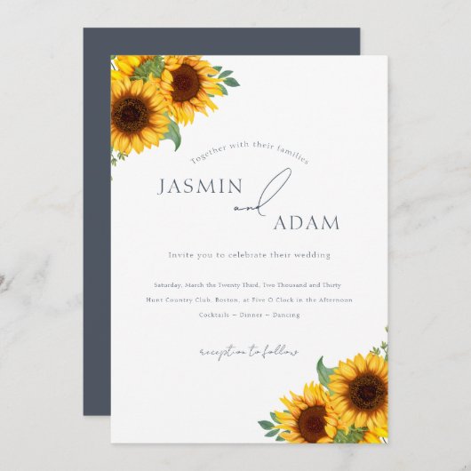 ボホー王室のブルーオペルンスサンフラワー結婚ズ 招待状 (正面/裏面)