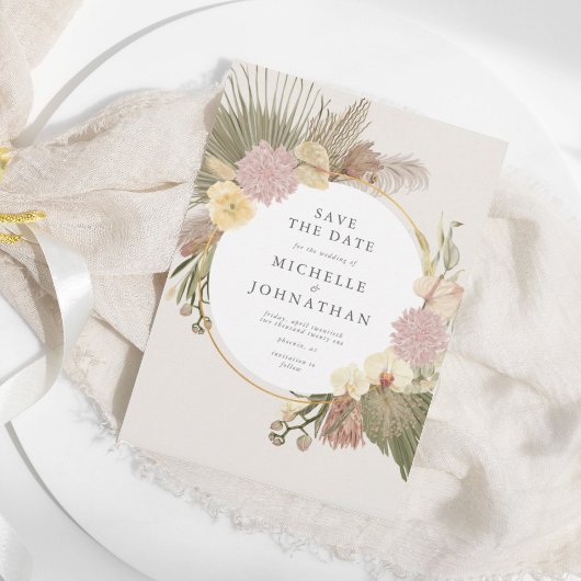 ボホー結婚ズパンパスグラスパームオーキッドフローラ セーブザデート