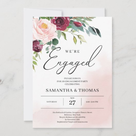 ボホー赤面ピンク·バーゴーニュ·フローラ·グリーンリー 招待状 (正面)