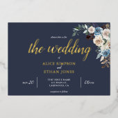 ボホー青い花乾燥葉のホイルインビタ 箔招待状 (正面)