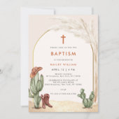 ボホー カクタス アーチ デザート カウボーイ クロス 洗礼 招待状 (正面)