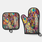 ボホ万華鏡のように千変万化するパターン-自然インスパイアフローラアート –  鍋つかみ&鍋敷きセット (正面)