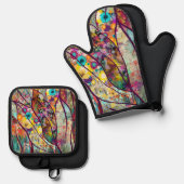 ボホ万華鏡のように千変万化するパターン-自然インスパイアフローラアート –  鍋つかみ&鍋敷きセット (正面/裏面)