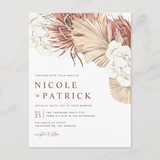 ボホ乾燥パーム葉の花と結婚蘭 インビテーションポストカード (正面)