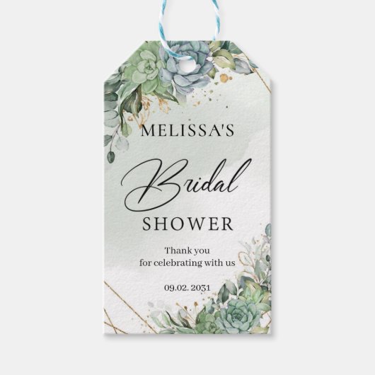 ボホ多肉花グリーンリー金ゴールドブライダルシャワー ギフトタグ (正面)