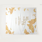 ボホ夫人金ゴールド蝶ホワイトブライダル背景 タペストリー (正面(横))