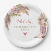 ボホ女性のカーボーイブートパンパスグラスバラ誕生日 ペーパープレート (正面)