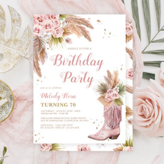 ボホ女性のカーボーイブートパンパスグラスバラ70誕生日 招待状