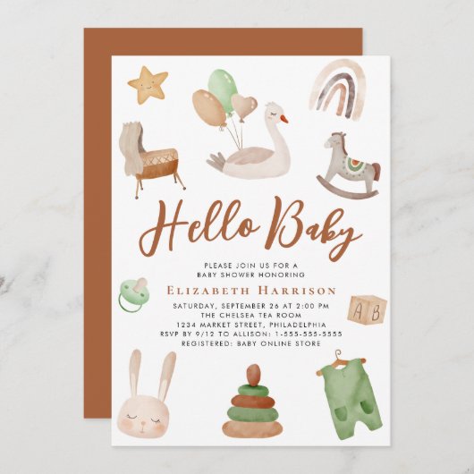 ボホ子供部屋ウォーターカラーテラコッタベビーシャワー 招待状 (正面/裏面)