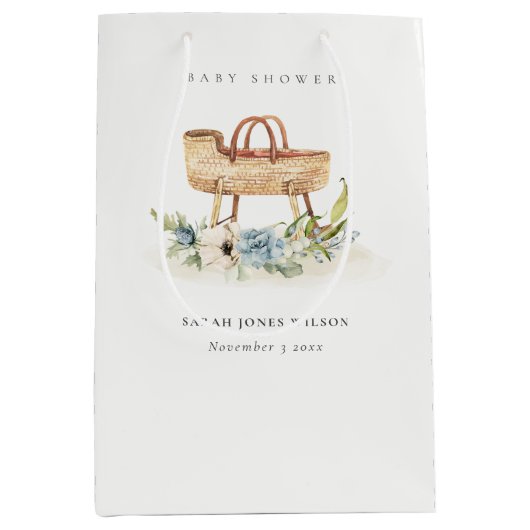 ボホ子供部屋ブルーフローラバシネットベイビーシャワー ミディアムペーパーバッグ (正面)