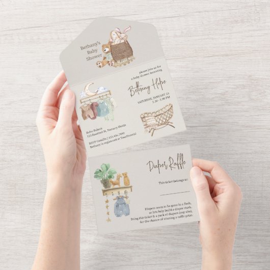 ボホ子供部屋赤ちゃんシャワーブックとオムツ オールインワン招待状 (貼ってはがせる)