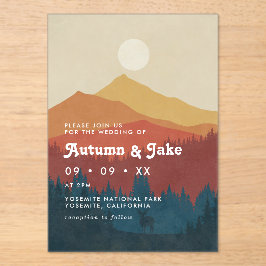 ボホ山脈と森1970年代のレトロ結婚ズ アクリル招待状
