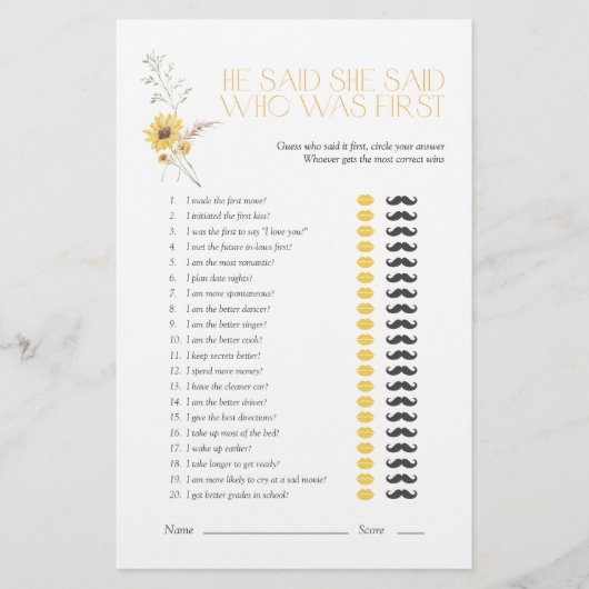 ボホ彼は彼女はヒマワリのブライダルシャワーゲームを言った (正面)