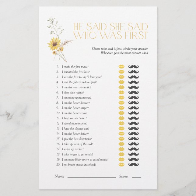 ボホ彼は彼女はヒマワリのブライダルシャワーゲームを言った (正面)