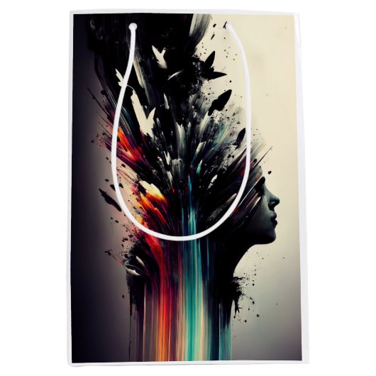 ボホ抽象芸術アートと女の子顔 ミディアムペーパーバッグ (正面)