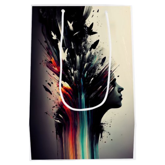 ボホ抽象芸術アートと女の子顔 ミディアムペーパーバッグ (裏面)