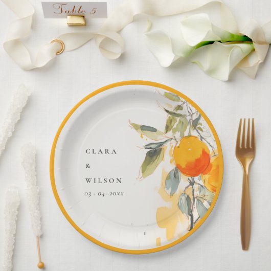 ボホ抽象芸術スケッチオレンジ庭園の結婚式 ペーパープレート (ウェディング)
